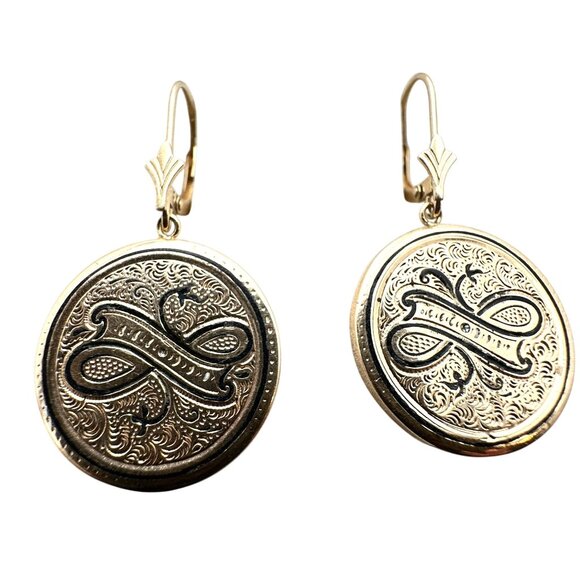 10K Gold Jewelry - Antique Womens Earrings 10K Yellow Gold Black Enamel Chandelier Pierced